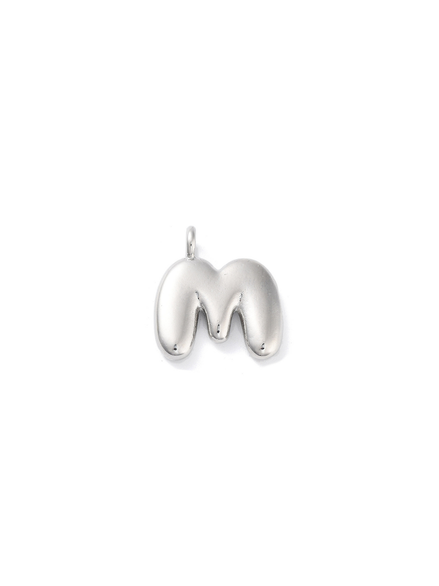 Front view of silver bubble letter "M" charm.