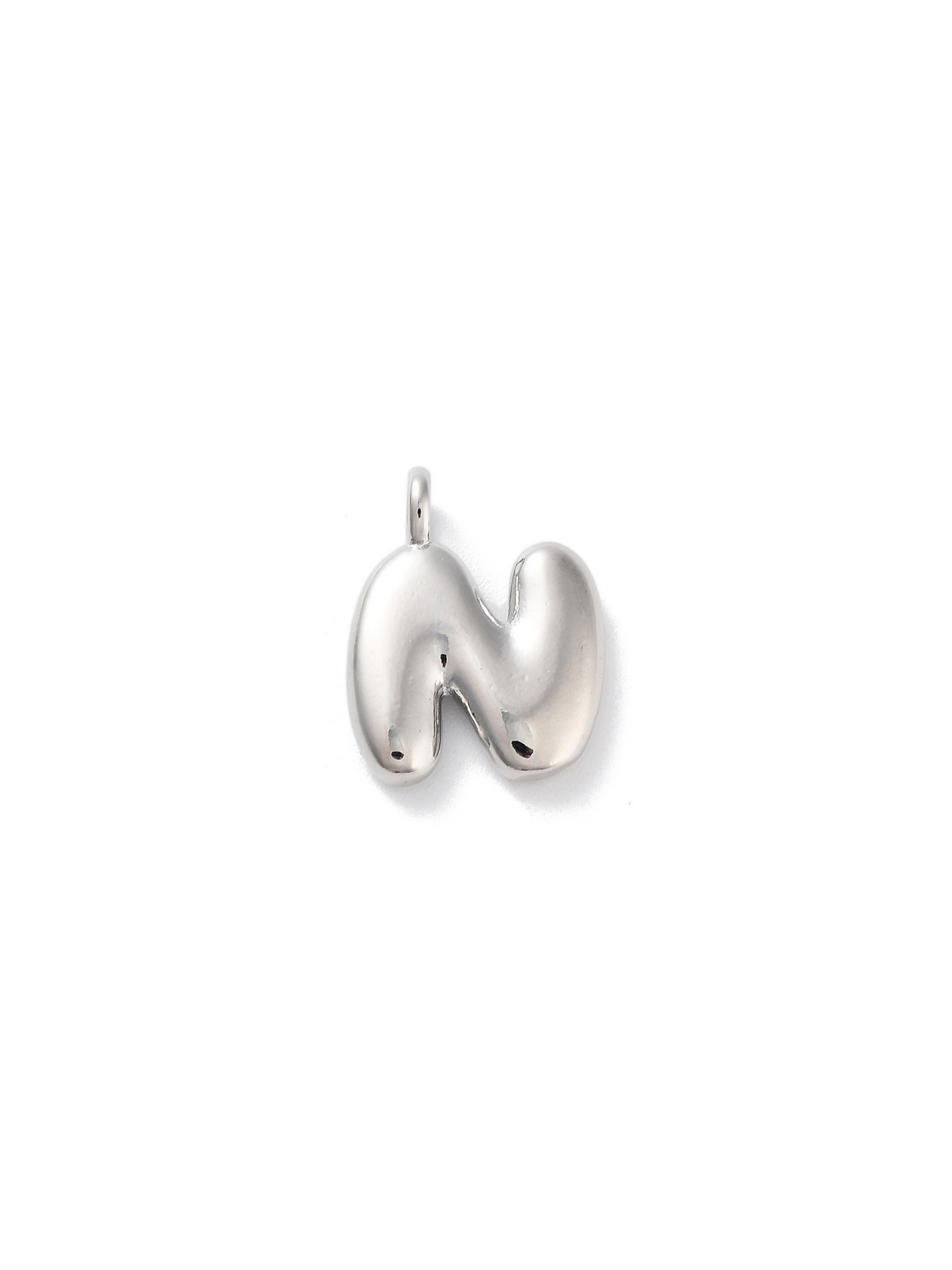 Front view of silver bubble letter "N" charm.