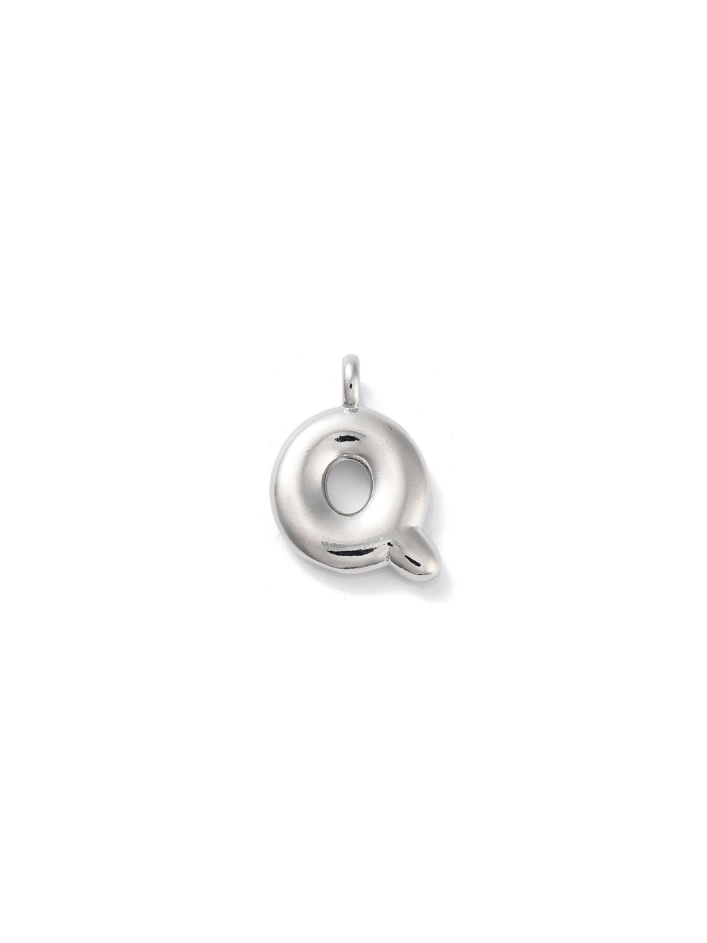 Front view of silver bubble letter "Q" charm.