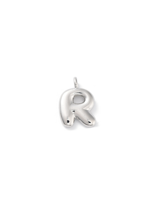 Front view of silver bubble letter "R" charm.