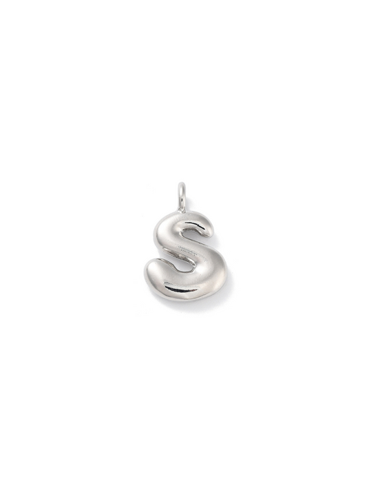 Front view of silver bubble letter "S" charm.