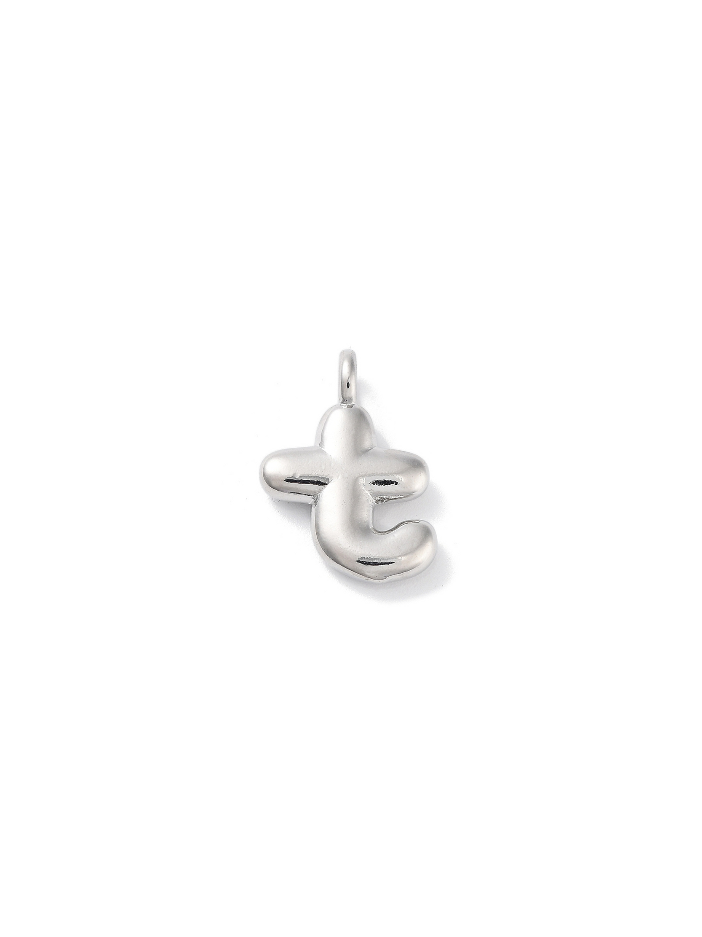 Front view silver bubble letter "T" charm.