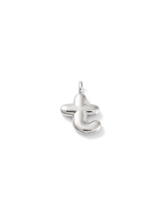 Front view silver bubble letter "T" charm.