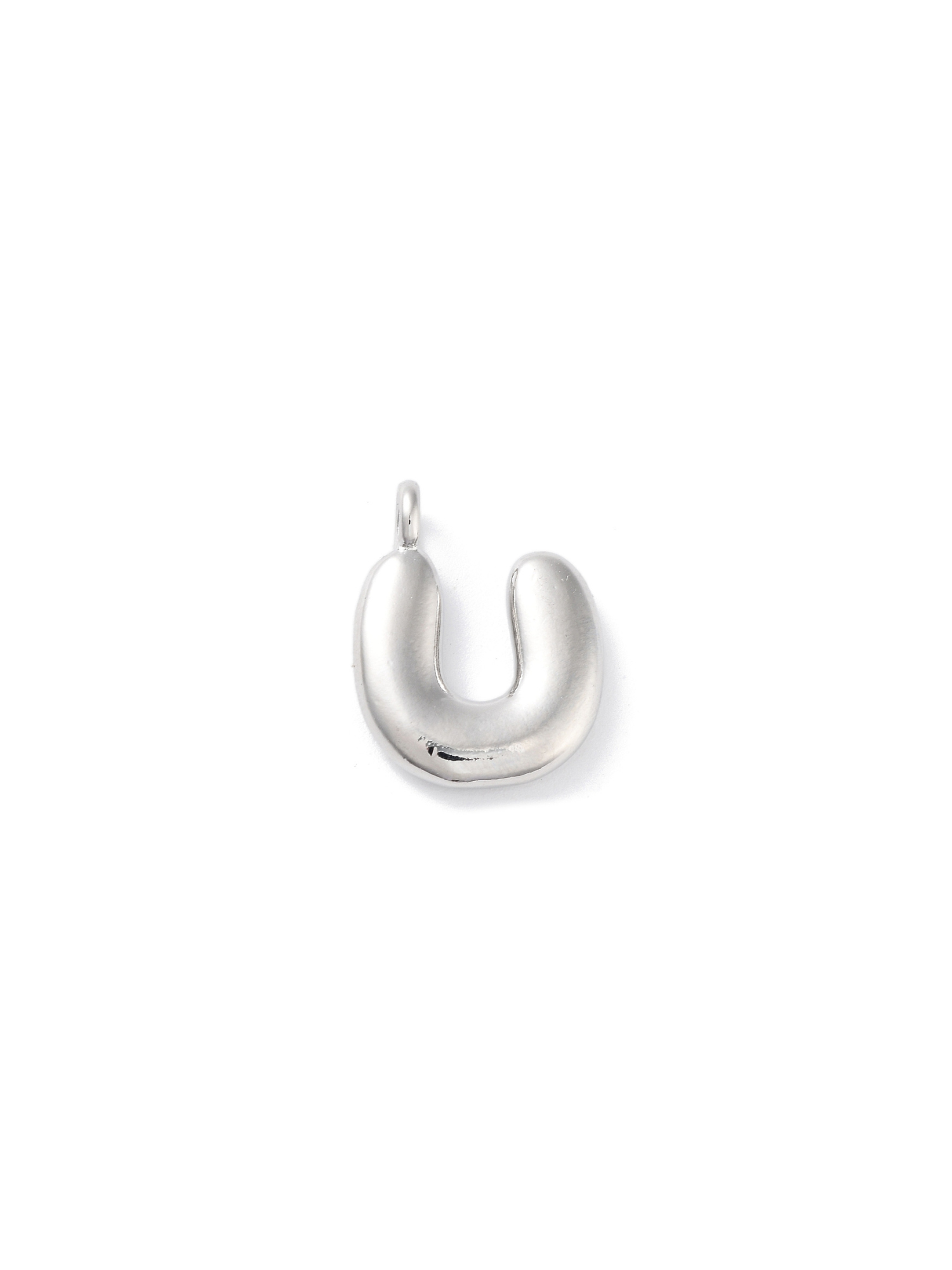 Front view of silver bubble letter "U" charm.