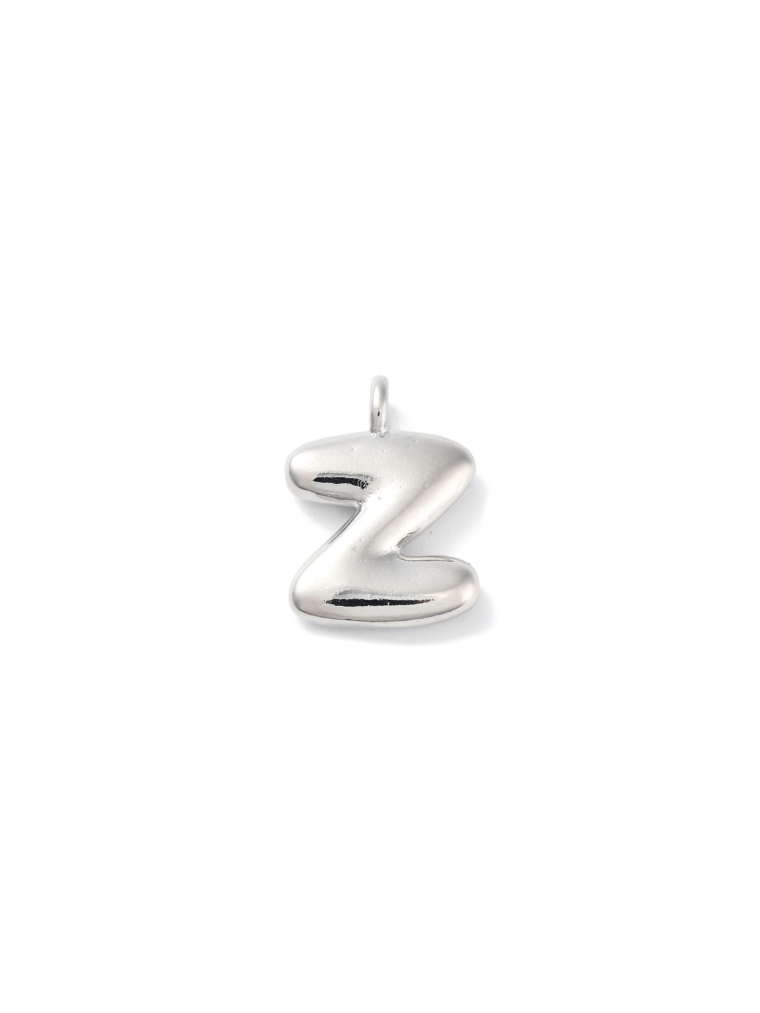 Front view of silver bubble letter "Z" charm.