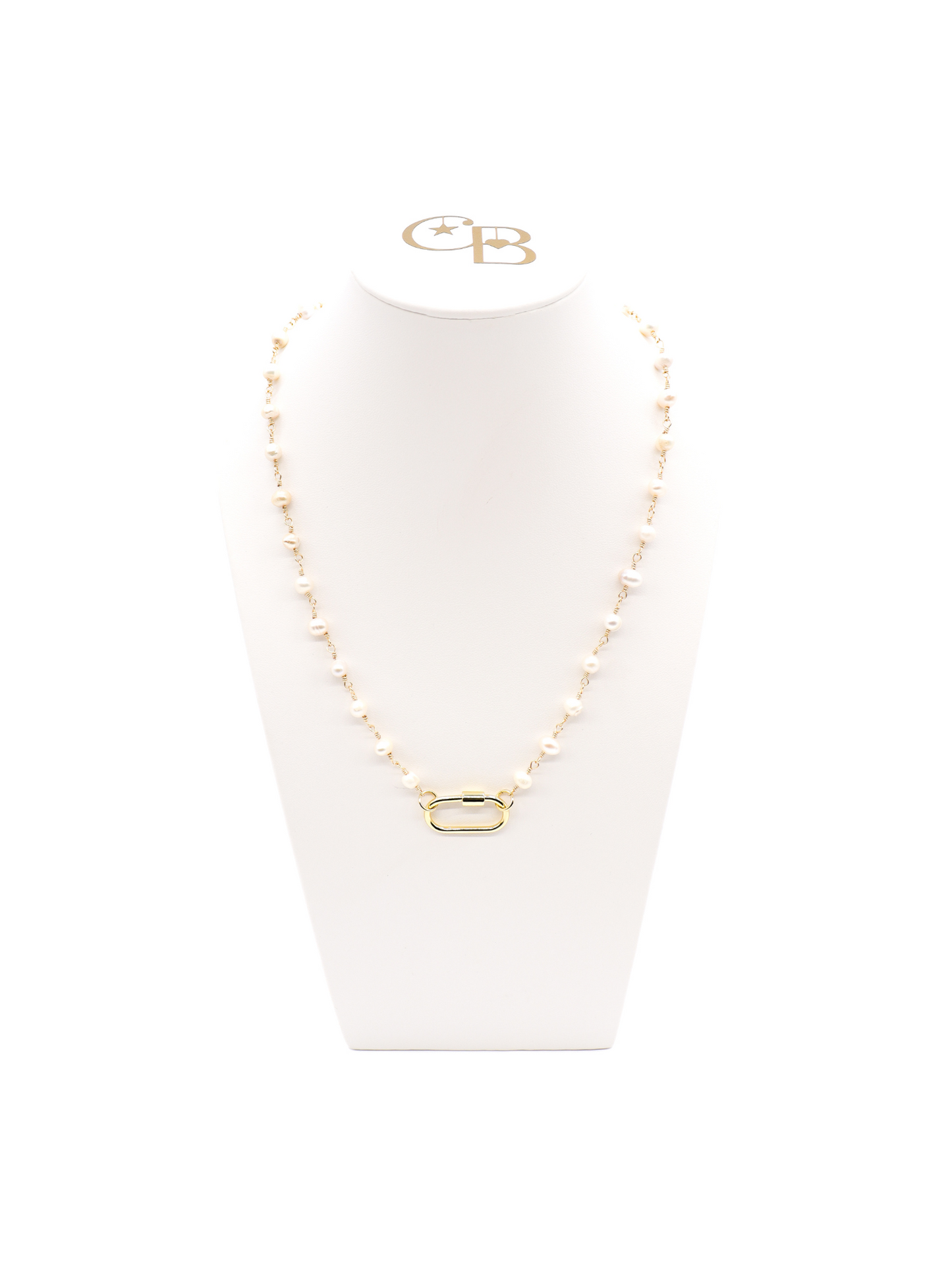 BEth pearl necklace with Piper gold oval carabiner full front view.