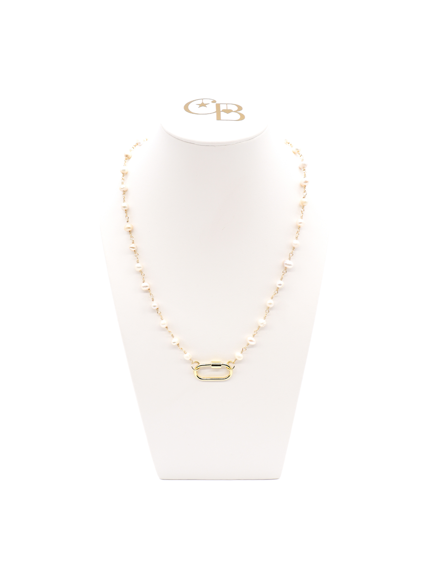 BEth pearl necklace with Piper gold oval carabiner full front view.