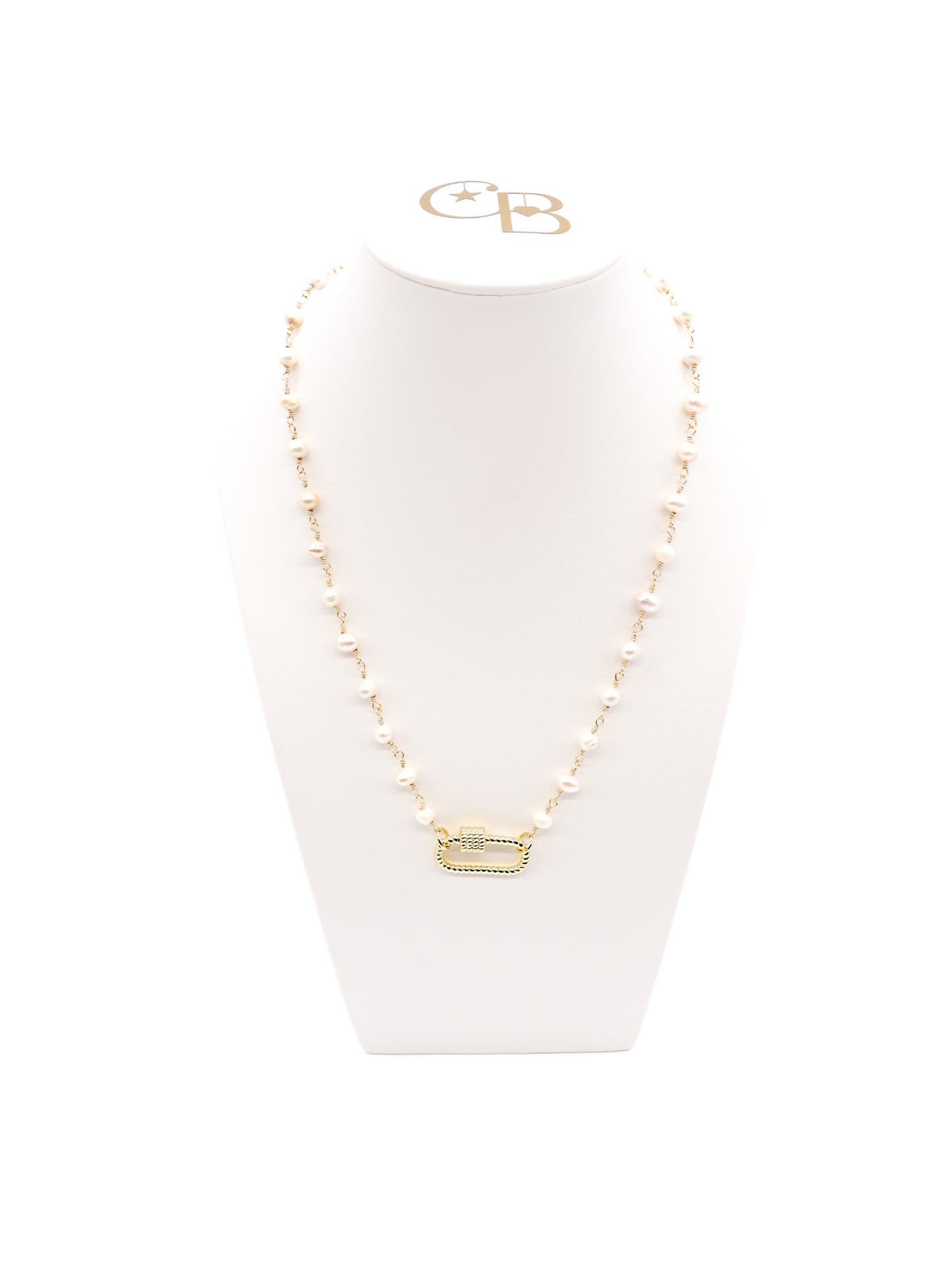 Beth pearl necklace with Bella gold oval twist carabiner full front view.