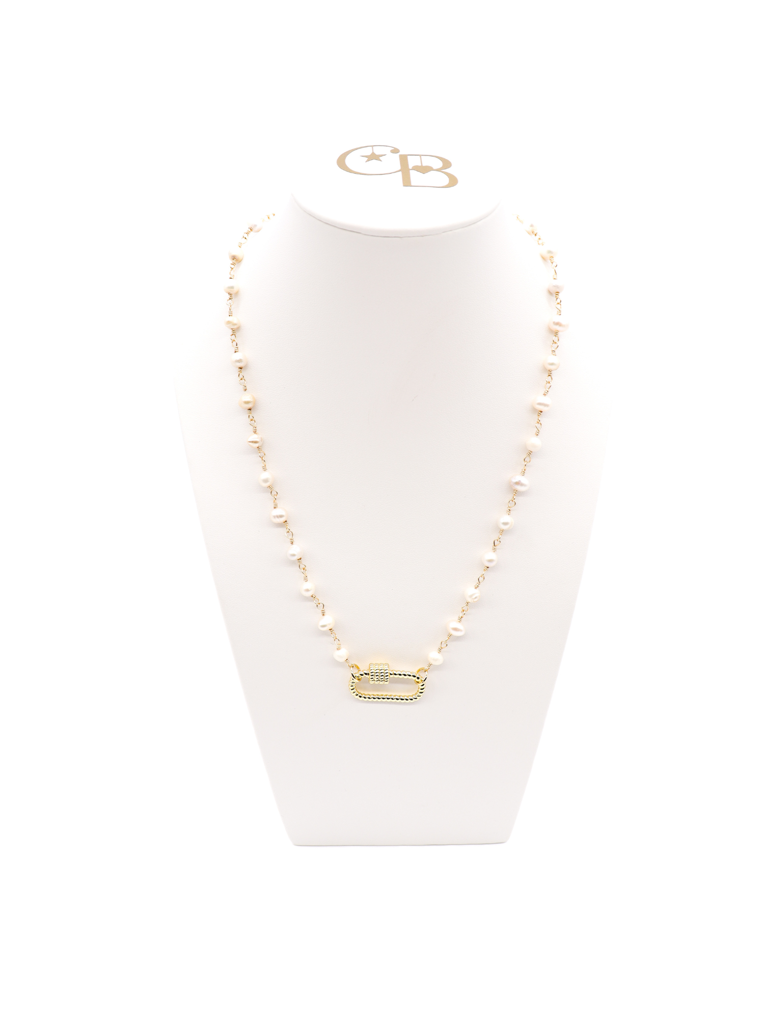 Beth pearl necklace with Bella gold oval twist carabiner full front view.