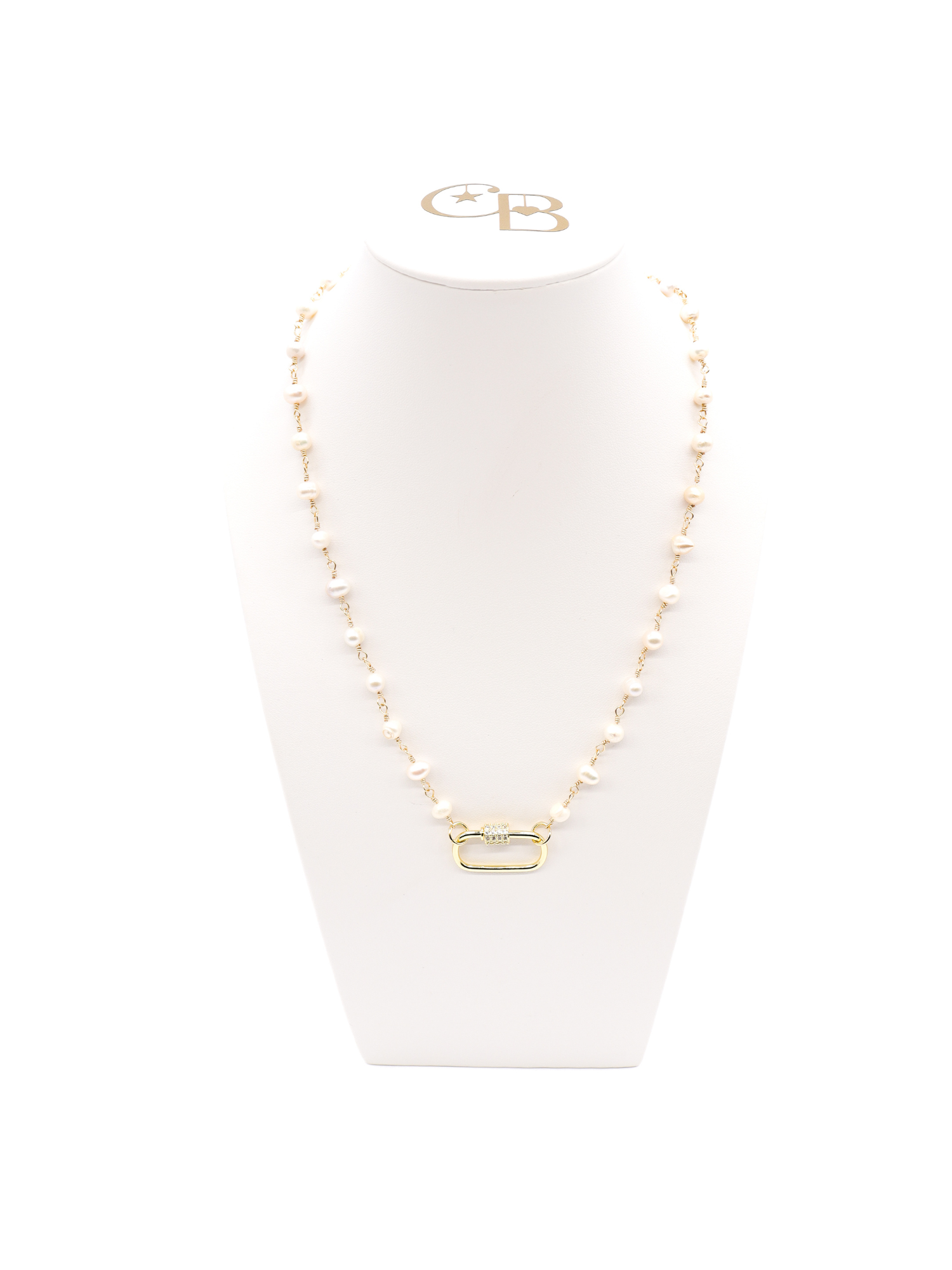 Beth pearl necklace with Gabi gold oval crystal carabiner full front view.