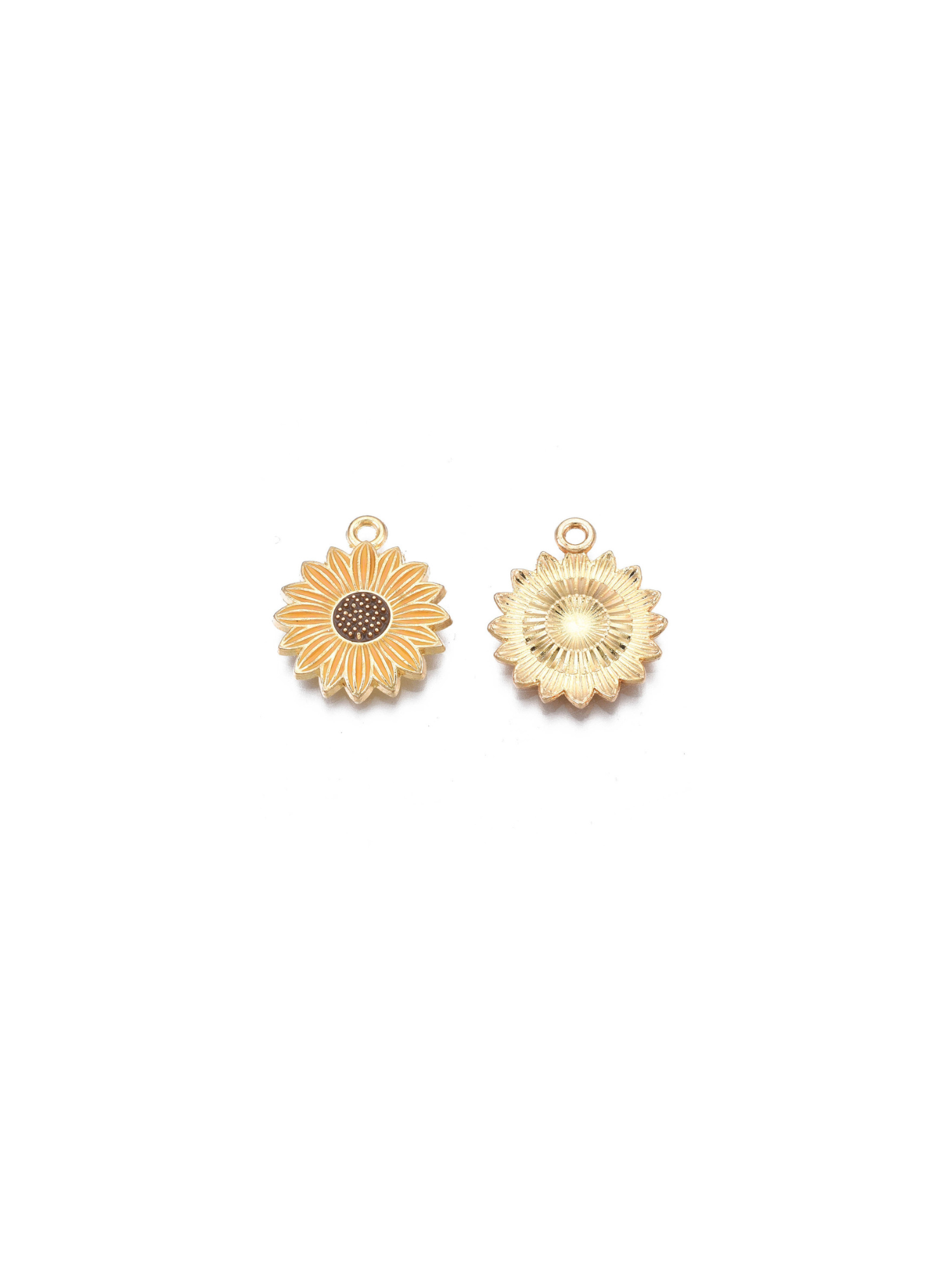 Front and back view of gold classic sunflower charm.