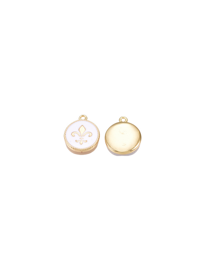 Front and back view of gold fleur de lis round charm.