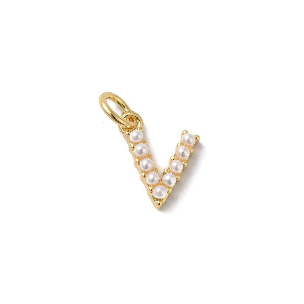 Gold Pearl Initial Charm - "V"