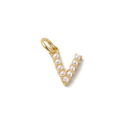 Gold Pearl Initial Charm - "V"