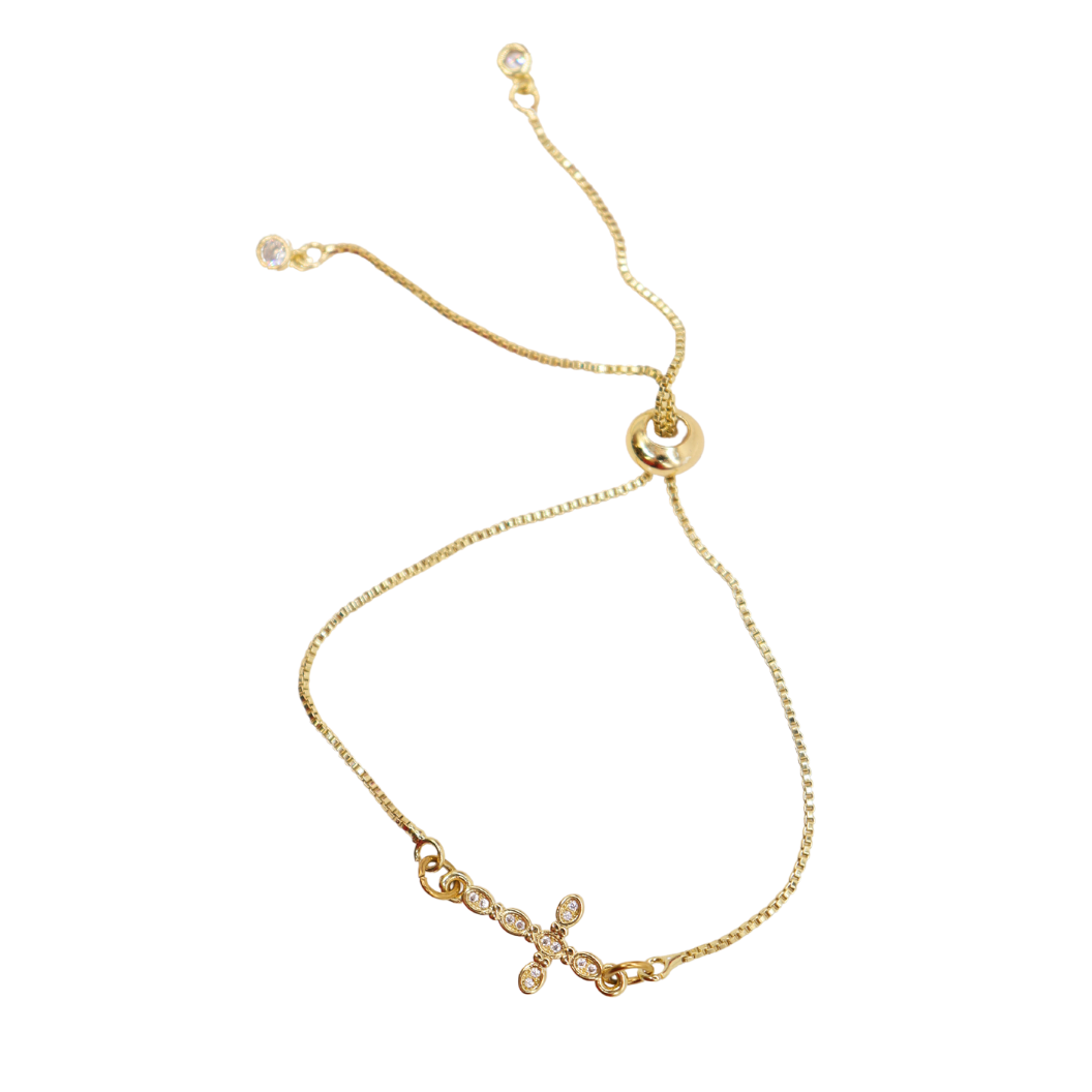 Gold Bolo Bracelet with Rhinestone Cross