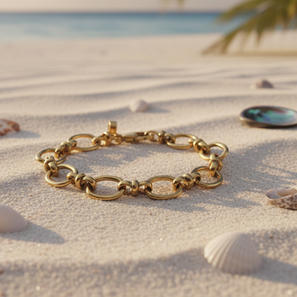 Gold Evermore Bracelet laying on the sand