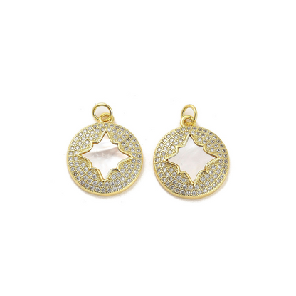 Front of two Gold Cubic Zirconia Shell Star Disk Charm