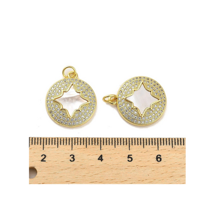 Front and length view of the Gold Cubic Zirconia Shell Star Disk Charm