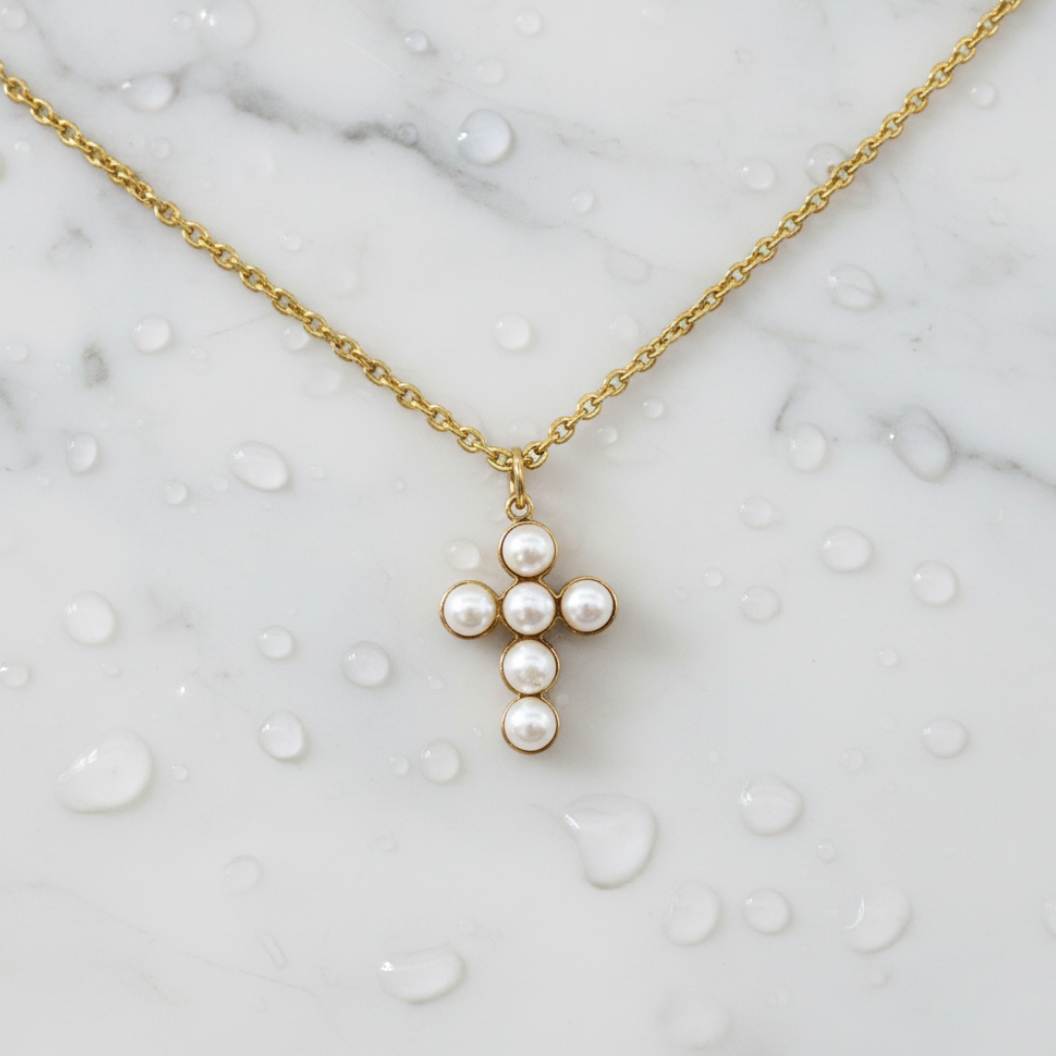 Gold Pearl Cross Necklace | Waterproof, Hypoallergenic & Tarnish Resistant