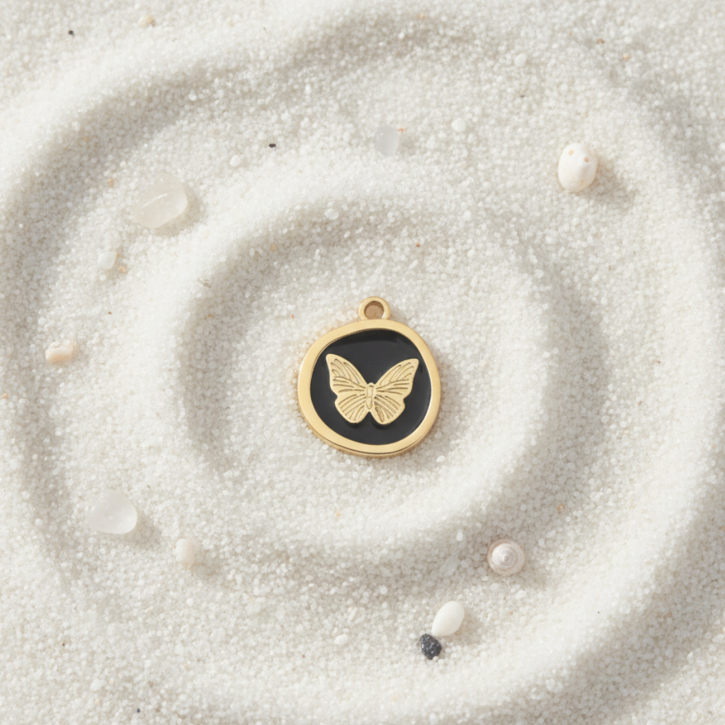 Gold Whimsical Black Butterfly Charm | Waterproof Stainless Steel