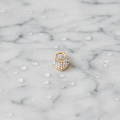 Gold Stellar Cubic Zirconia Heart Lock Charm | Waterproof Stainless Steel