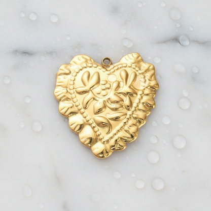 Gold Scalloped Flora Heart Charm | Waterproof Stainless Steel