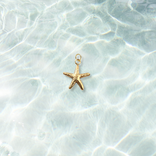 Gold Hammered Starfish Shell Charm | Waterproof Stainless Steel on water background 