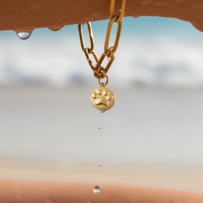 Gold Forever Paw Print Charm on chain with water drops 