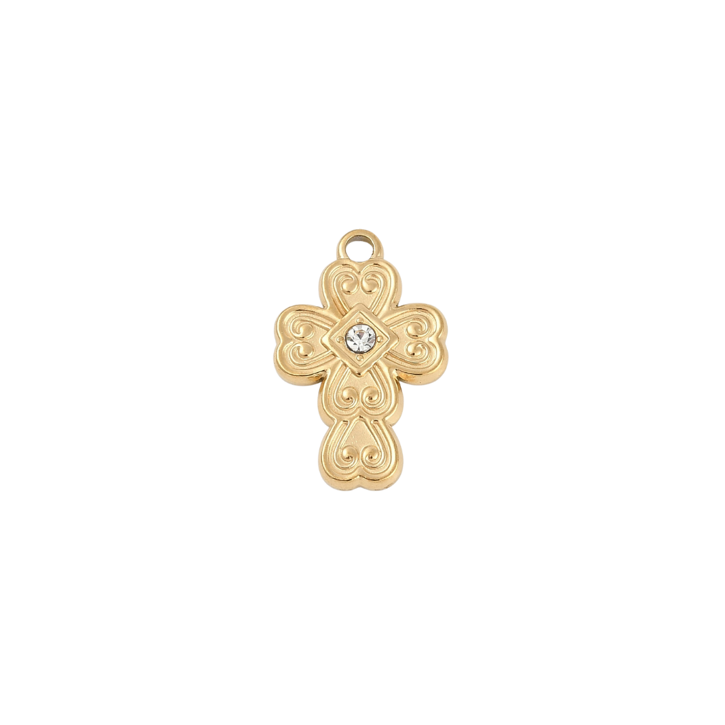 Gold Scrollwork Cross with Rhinestone Center Charm  on transparent background