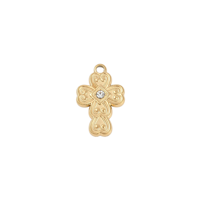 Gold Scrollwork Cross with Rhinestone Center Charm  on transparent background