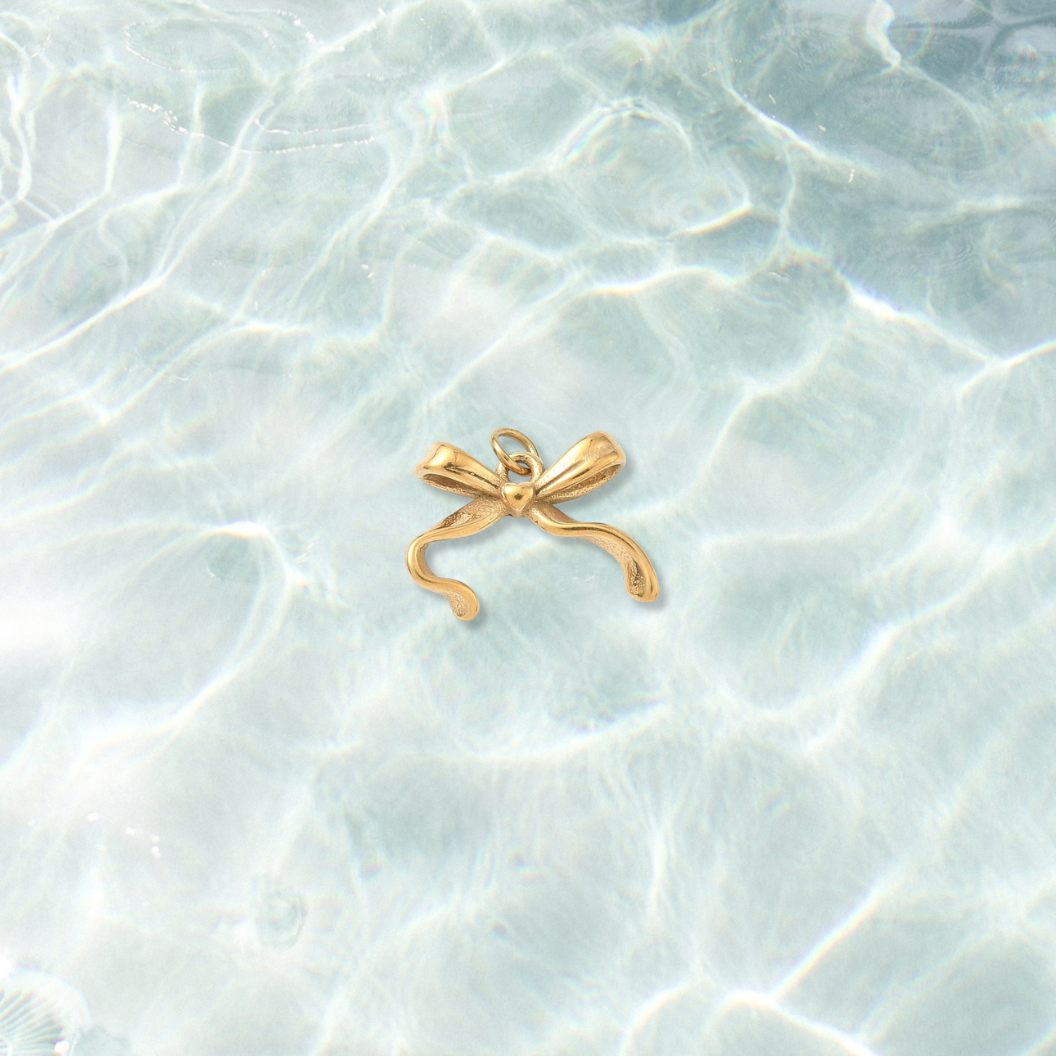 Gold Lovely Ribbon Bow Charm  on water background 