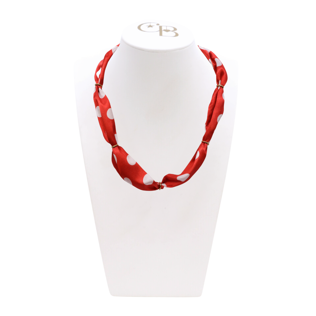 Front view of the Red Polka Dot Bubble Scarf Necklace on CB Bust