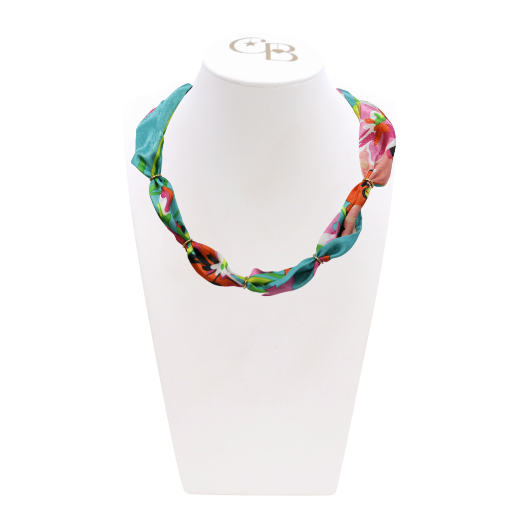 Front view of the Teal Botanical Bubble Scarf Necklace on CB Bust