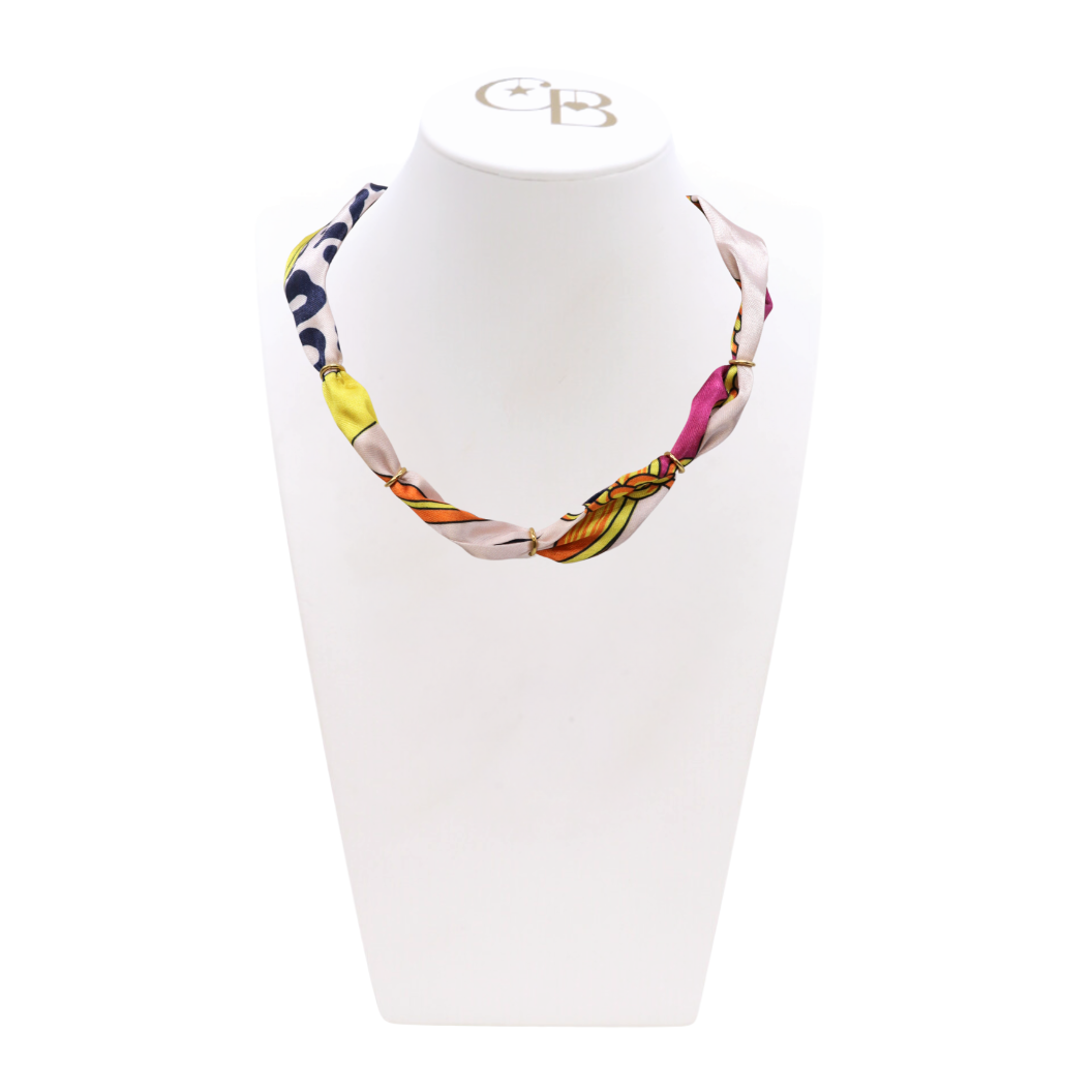 Front view of the Vibrant Prints Bubble Scarf Necklace on CB Bust