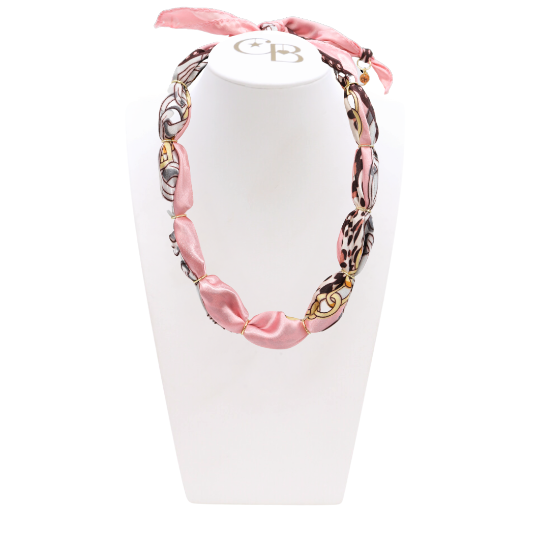 Front view of the Pink Panther Thick Bubble Scarf Necklace on CB Bust