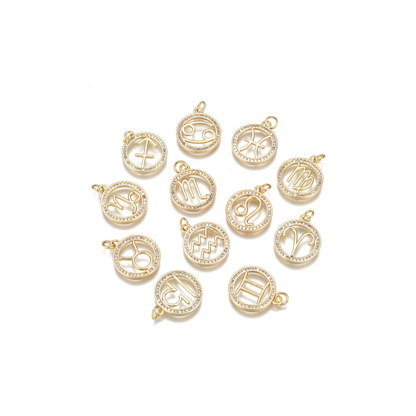 Zodiac charms on white background in circle, front view.