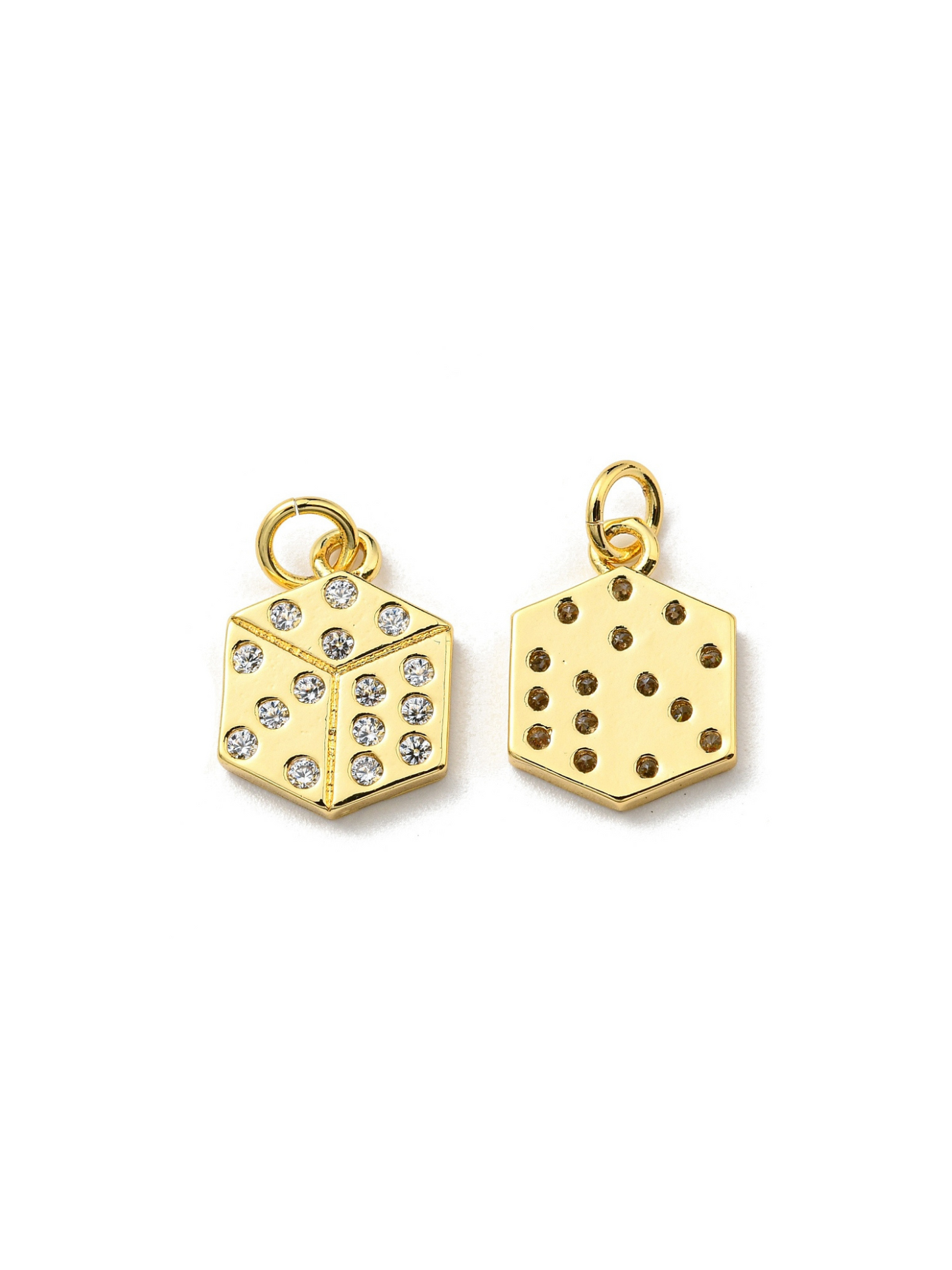 Two roll the dice charms on white background, one front view, one back view.