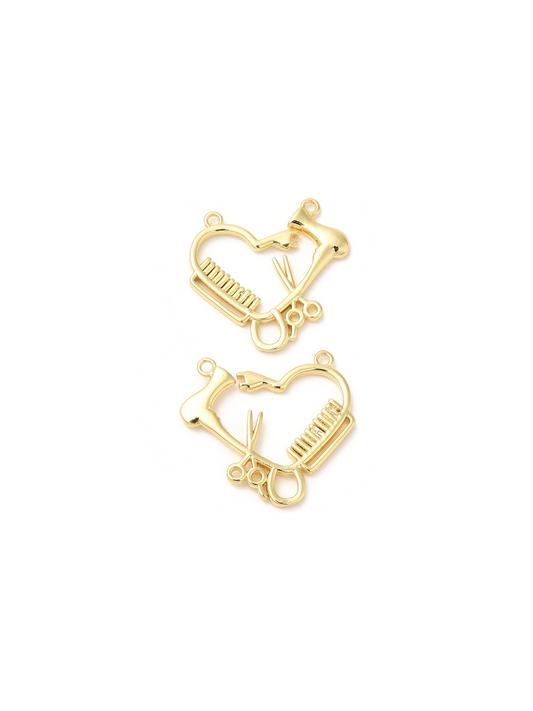 Two gold For the Love of Hair Charms on white background, front view.