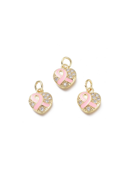 Three breast cancer ribbon heart charms on white background, front view.