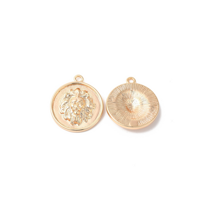 Two Brave As a Lion Charms on white background, one front view, one back view.
