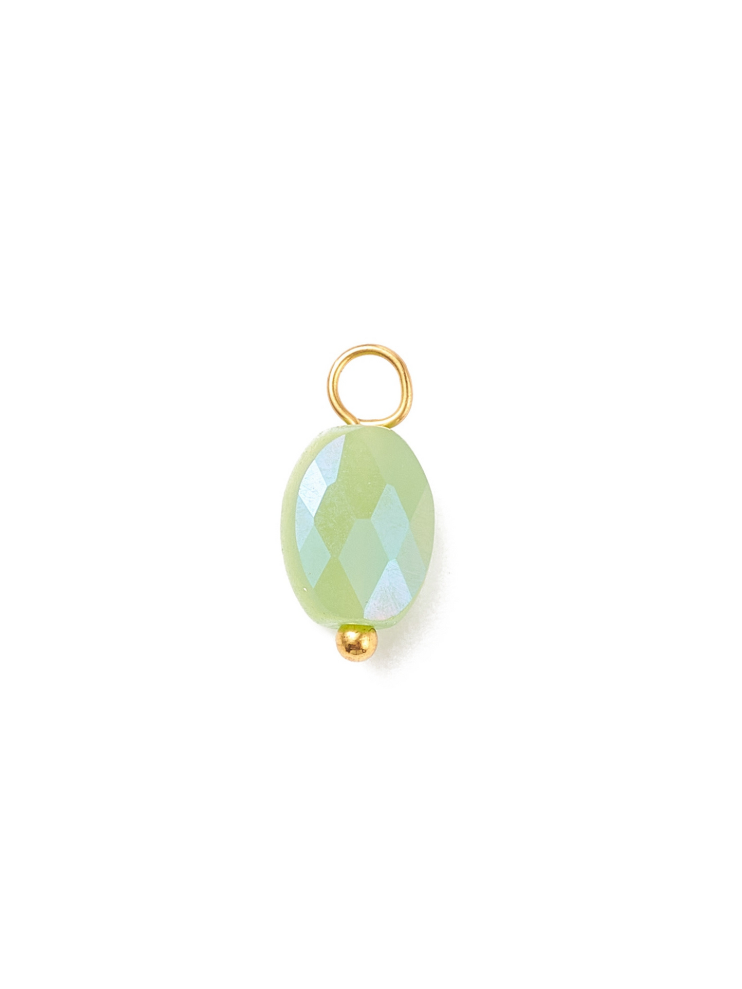 Single Iridescent Glass Charm in Sea Glass on white background.