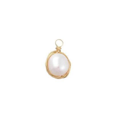 Wire wrapped baroque pearl charm on white background.