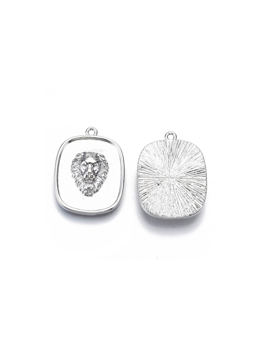 Lion's Head Tag Charm on white background, front and back view.