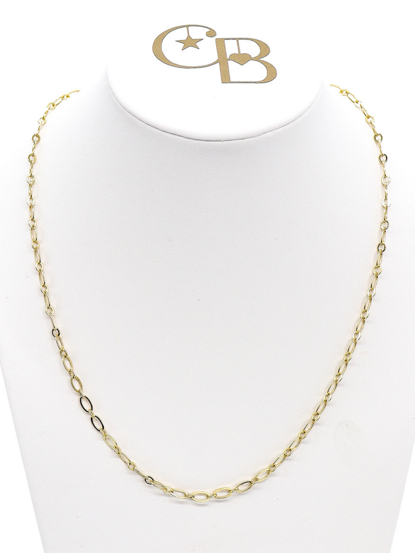 Christie small chain link charm necklace in gold on white necklace bust.