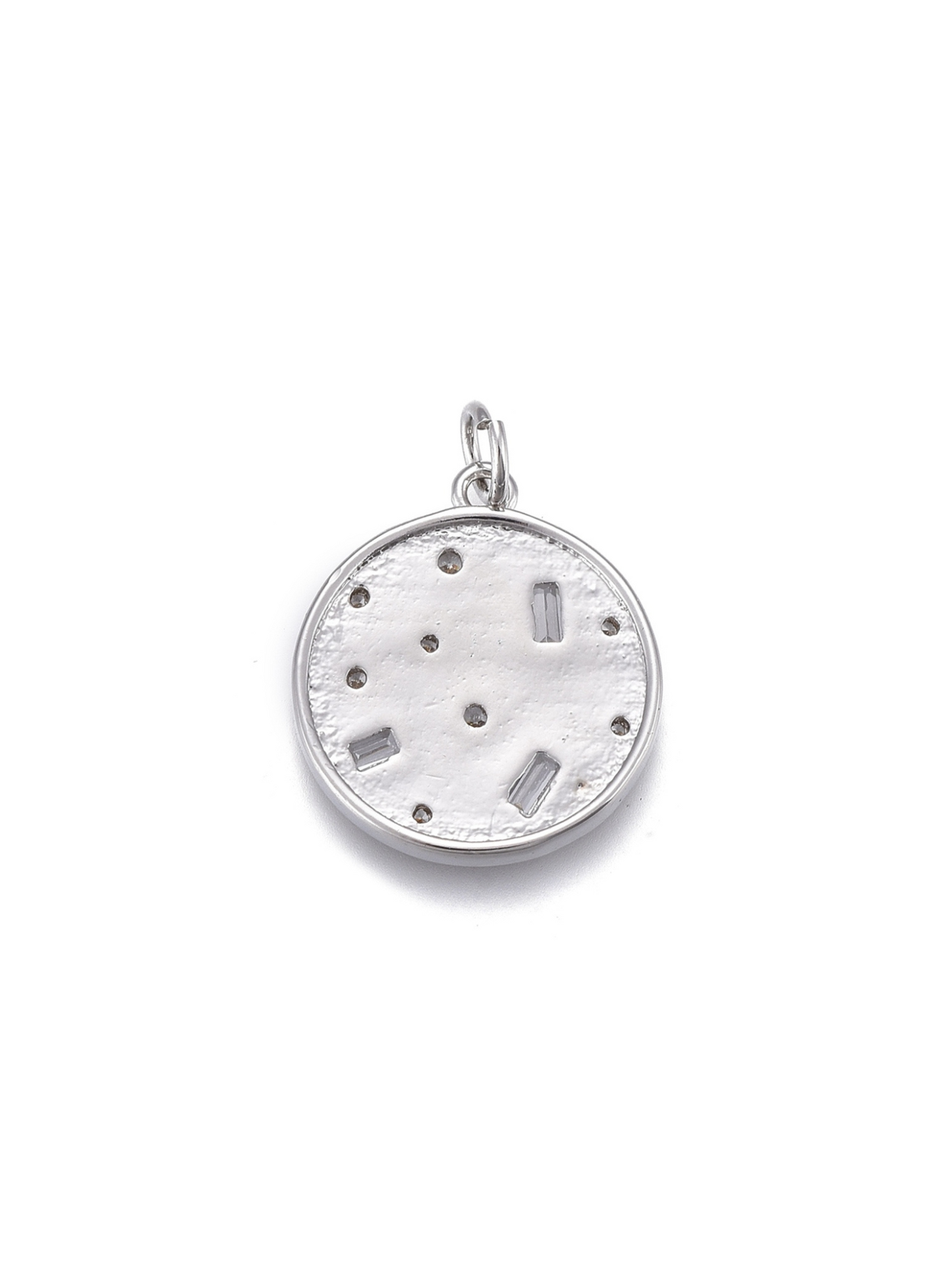 Crystal Sprinkle Disc Charm on white background, back view.