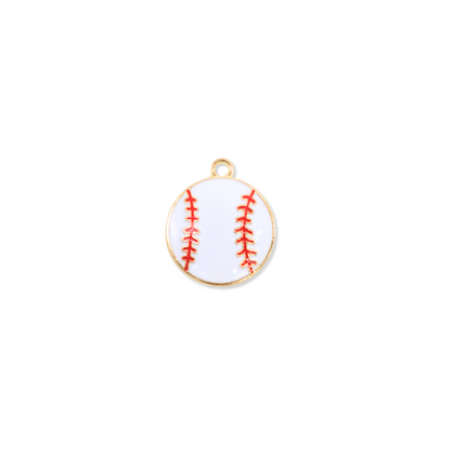 A round gold-plated baseball charm with red stitching design.