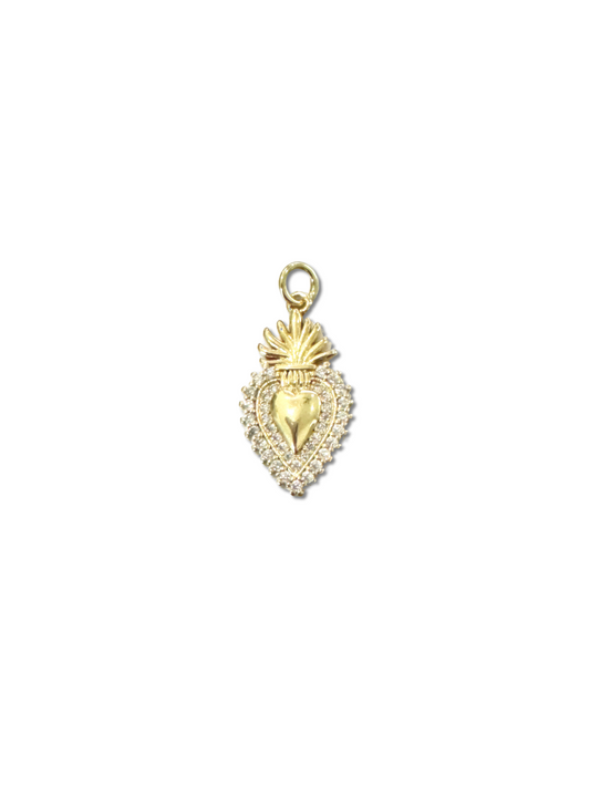 Gold Cubic Zirconia Flaming Holy Heart Charm