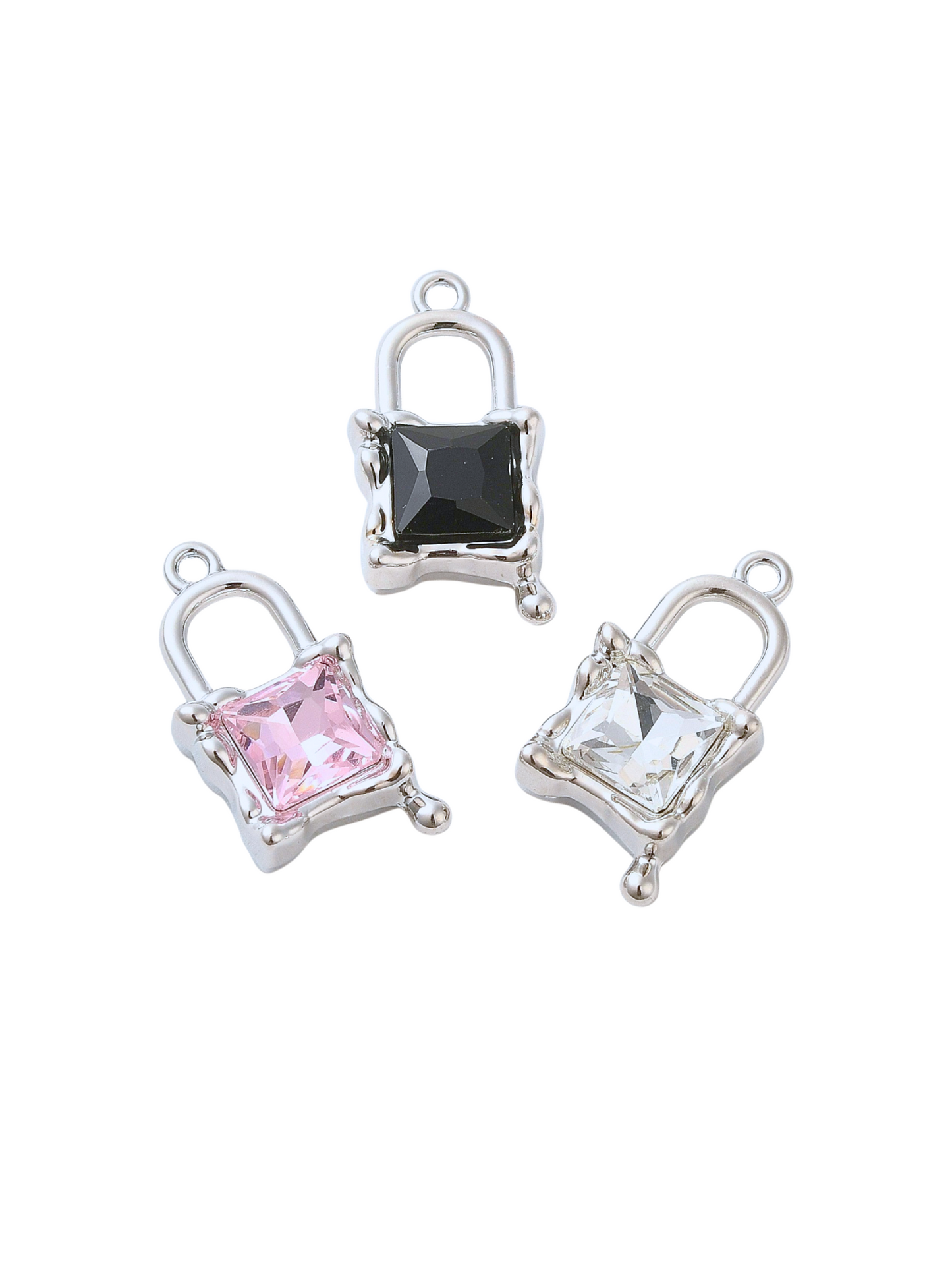 Front view of Silver Melting Glass Charms in pink, black, and clear