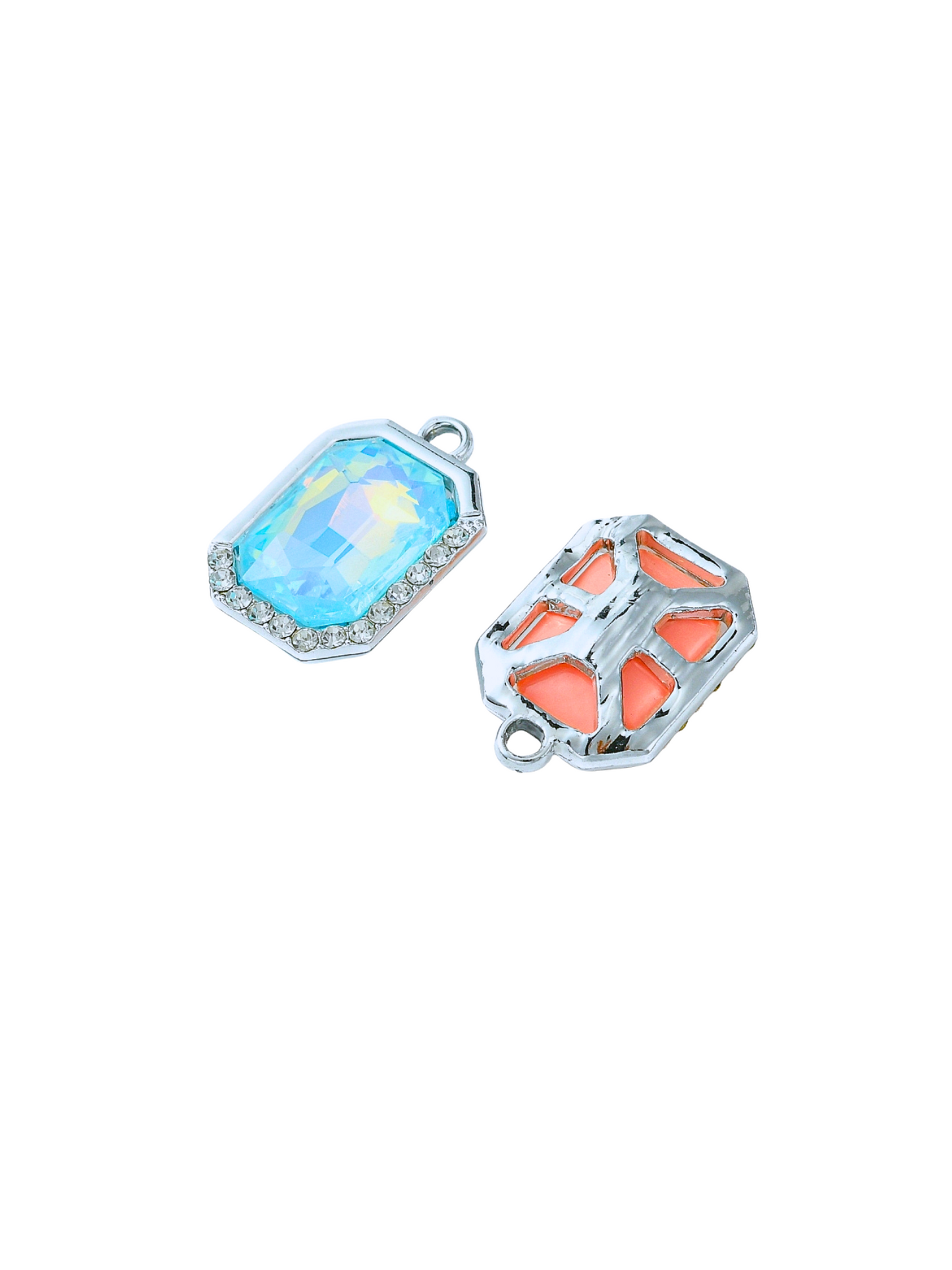 Front and back view of Silver Radiant Octagon Charm in blue