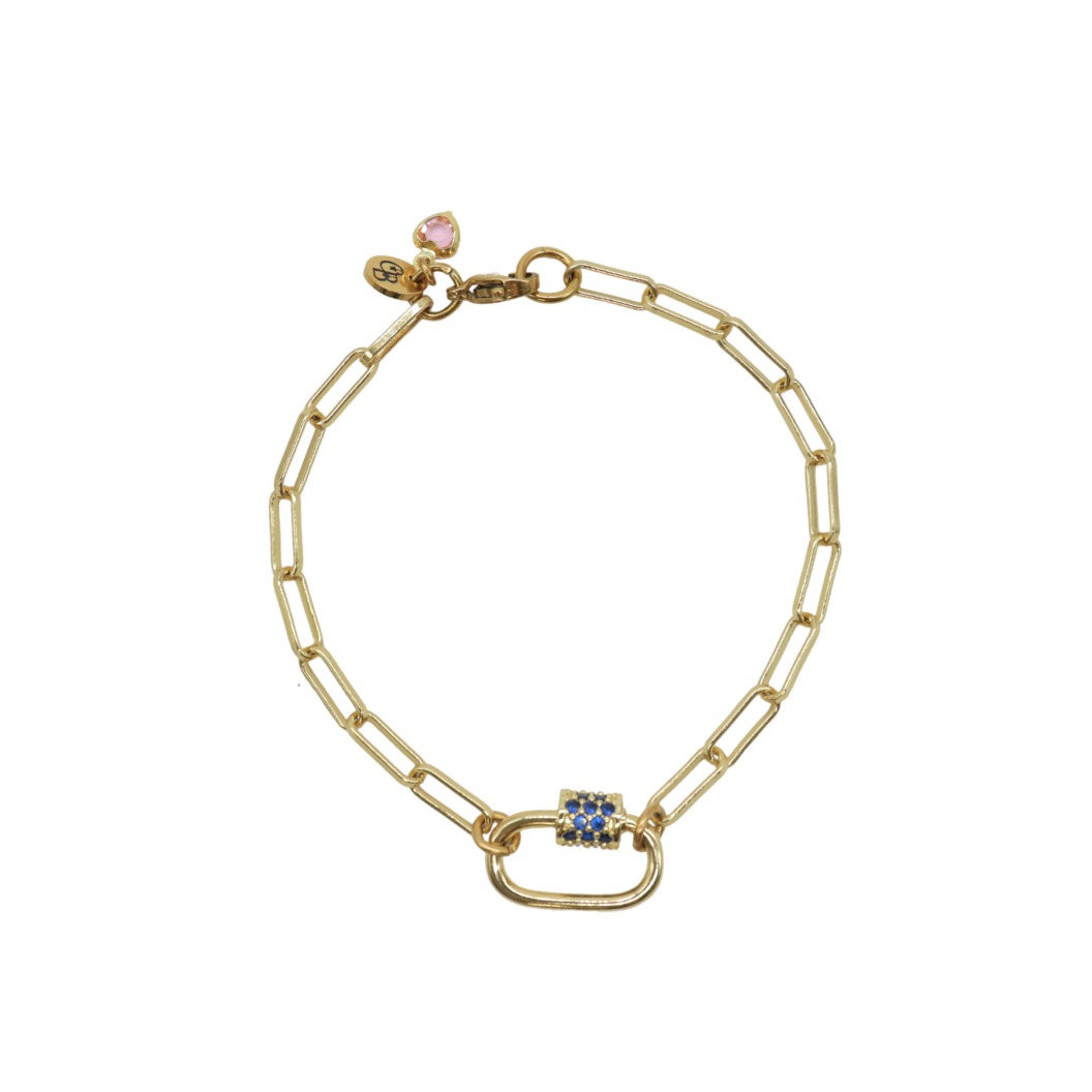 Gold Ashley Paperclip Chain Charm Bracelet with Assorted Color Cubic Zirconia Small Gabi Carabiner